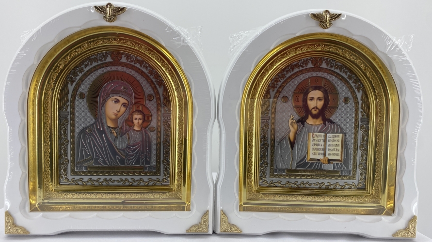 Ікони "Вінчальна пара" літ. павлін. біл. без пат. зол. рам. 27х25см